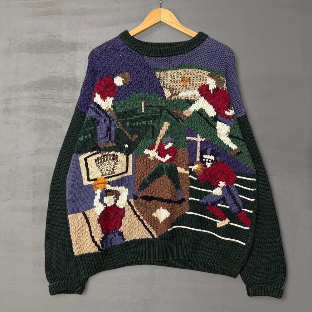 Vintage Northern Isles Sweater Green Retro Sport Golf Soccer Intarsia Knit XXL
